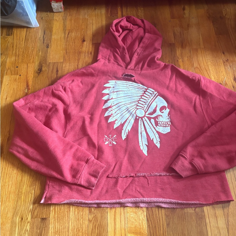 Red Hoodie with Skull and Feather Design